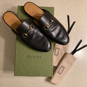 Gucci Black Leather Mules Loafers Slippers Gold Hardware EU Size 37.5 (US 7.5)